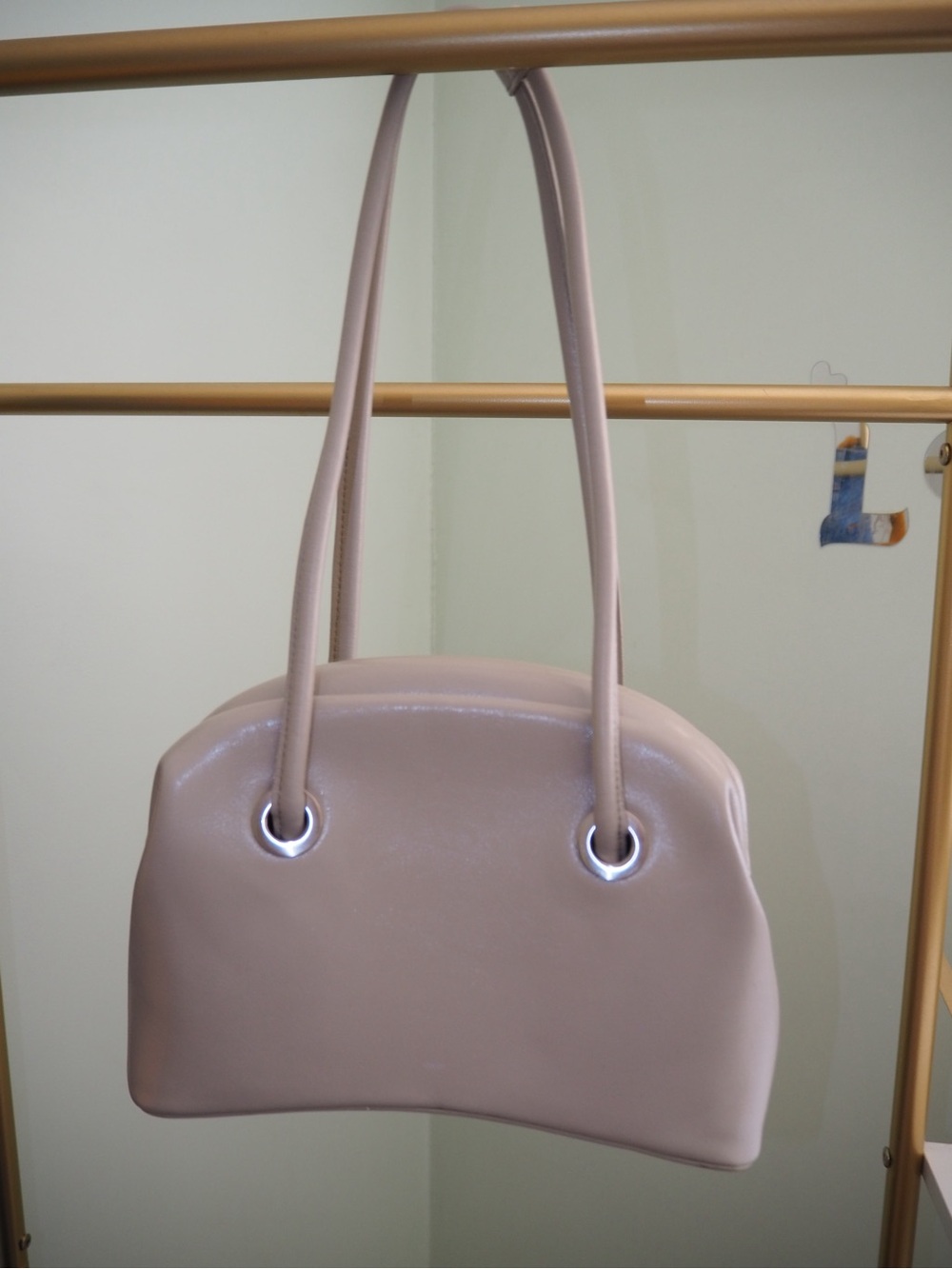 OSOI Taupe Beige Smooth Leather Curved Minimalist Shoulder Bag Silver Hardware